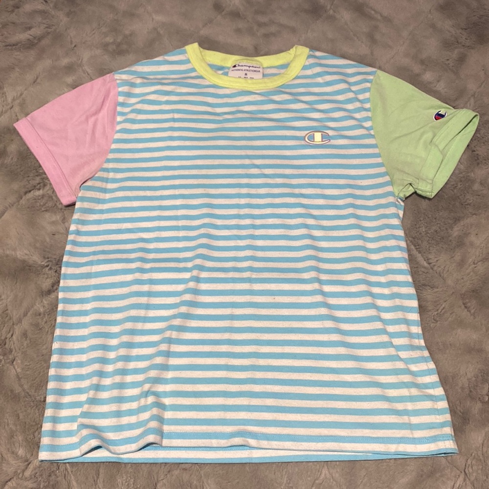Medium short sleeve champion tee. pink, blue, green, and white.